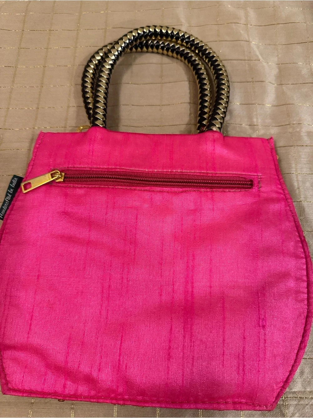 Handcrafted Indian Evening Bag – Hot Pink Zari Embroidery, Bird Motif, Braided H